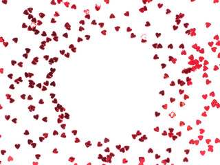Circle frame red heart confetti background. 