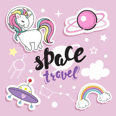 Fashion patch badges collection with space unicorn, white cloud, planet and stars on a pink background for children