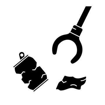 Cutout silhouette Claw grip with trash. Cleaning streets and nature of garbage. Outline icon of save planet, green theme. Black simple illustration. Flat isolated vector on white background