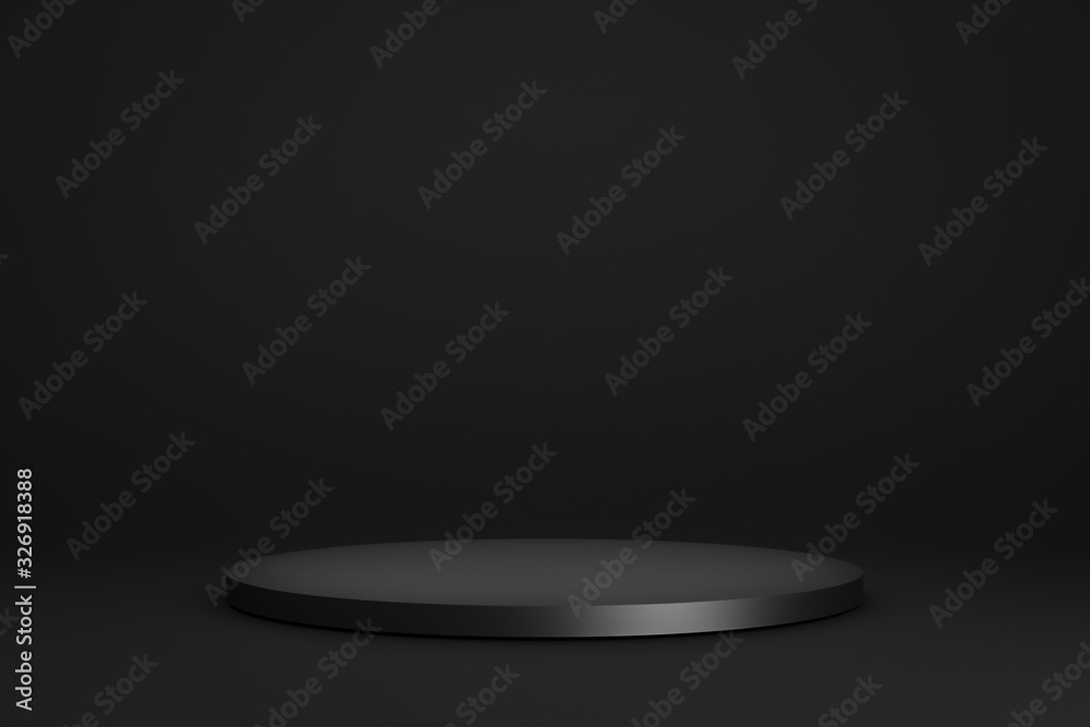 Poster Black podium or pedestal display on dark background with cylinder stand concept. Blank product shelf standing backdrop. 3D rendering.