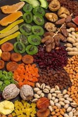 Bright color snack. Candied fruits from tropical fruits  natural source of energy.