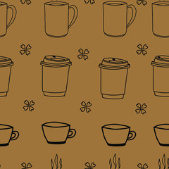 seamless illustration of cups of coffee on a brown background .Vector illustration.  Postcards, manufacturing, wallpaper, printing, packaging and scrapbooking, background for the menu.