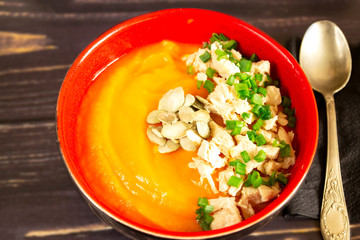 Vegetable cream soup. Healthy eating Pumpkin puree soup with meat and herbs. Proper nutrition. Copy space.