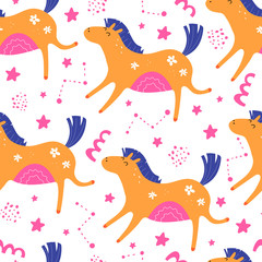 Seamless pattern with cartoon horses, decor elements. colorful vector for kids, flat style. hand drawing. animals. Baby design for fabric, textile, print, wrapper.