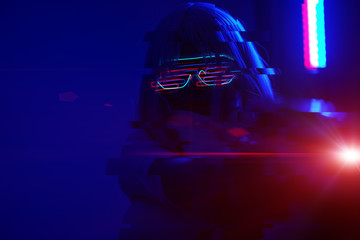 Girl with blaster in the futuristic battle. Concept virtual reality, cyber game. Image with glitch...