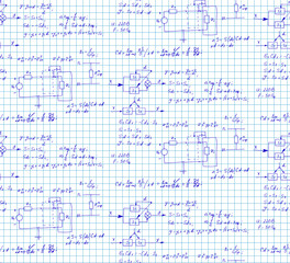 Physics, electronic engineering, mathematics equation and calculations, endless hand writing. Vector scientific and technology seamless pattern on notebook page.
