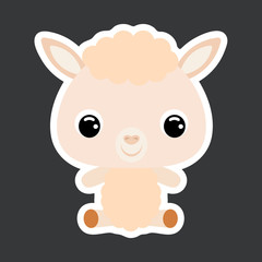 Children's sticker of cute little sitting alpaca. Domestic animal. Flat vector stock illustration