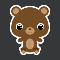 Children's sticker of cute little sitting bear. Forest animal. Flat vector stock illustration