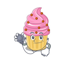 A mascot picture of strawberry cupcake cartoon as a Doctor with tools