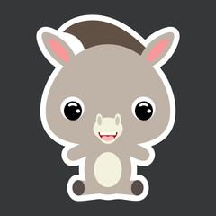 Children's sticker of cute little sitting donkey. Domestic animal. Flat vector stock illustration