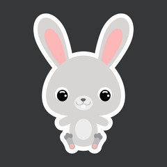 Children's sticker of cute little sitting hare. Forest animal. Flat vector stock illustration
