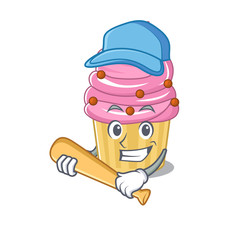 Smiley Funny strawberry cupcake a mascot design with baseball
