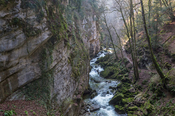 Fototapeta na wymiar Areuse stream with gorge and hiking trail in Swiss Jura
