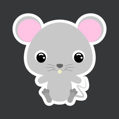 Children's sticker of cute little sitting mouse. Flat vector stock illustration