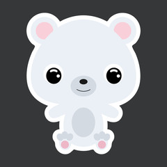 Children's sticker of cute little sitting polar bear. Wild animal. Flat vector stock illustration