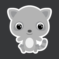 Children's sticker of cute little sitting raccoon. Forest animal. Flat vector stock illustration