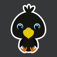 Children's sticker of cute little sitting raven. Flat vector stock illustration
