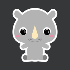 Children's sticker of cute little sitting rhino. African animal. Flat vector stock illustration