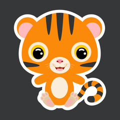 Children's sticker of cute little sitting tiger. Jungle animal. Flat vector stock illustration