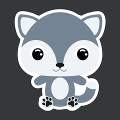 Children's sticker of cute little sitting wolf. Forest animal. Flat vector stock illustration