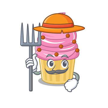Happy Farmer strawberry cupcake cartoon picture with hat and tools