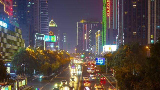 night time illuminated changsha city downtown traffic street panorama timelapse 4k china