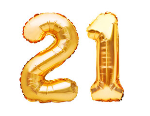 Number 21 twenty one made of golden inflatable balloons isolated on white. Helium balloons, gold foil numbers. Party decoration, anniversary sign for holidays, celebration, birthday, carnival - obrazy, fototapety, plakaty