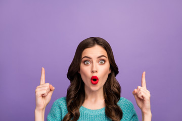 Closeup photo of pretty crazy lady open mouth presenting advising low shopping prices direct...