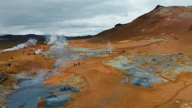 Aerial view of hot springs in Hverir, Iceland.
