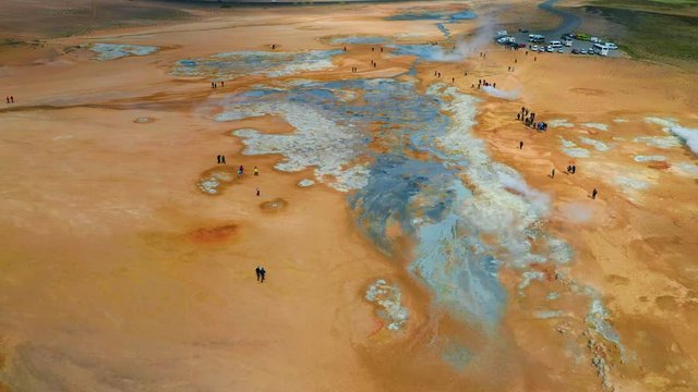 Aerial view of hot springs in Hverir, Iceland.