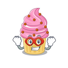 A cartoon concept of strawberry cupcake performed as a Super hero
