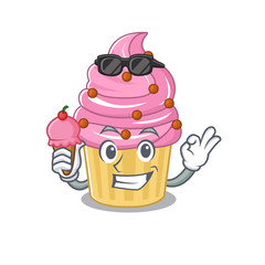 happy face strawberry cupcake cartoon design with ice cream