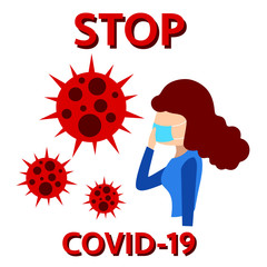 Coronavirus, 2019-nCoV, COVID-19, Red color, Stop Bacteria Woman coughing and wearing a face mask, on white background, vector illustration isolated