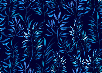 Watercolor seamless pattern with blue leaves. Watercolor leaves on black background. Textile leaves print.