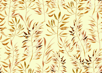 Watercolor seamless pattern with brown leaves on yellow background. Watercolor leaves. Textile botanical print.