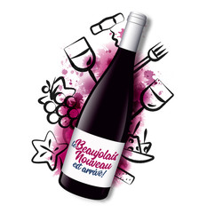 Realistic illustration of a wine bottle with the text in French "le Beaujolais Nouveau est arrivé", the new Beaujolais has arrived.