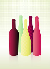 Illustration with volume of different wine bottles. Colors of red, rosé and white wine. Halftone dot texture.