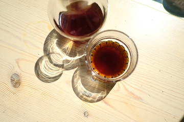 Stylish served specialty alternative black coffee. Filter pour-over coffee served in crystal glass and decanter. Aesthetics coffee