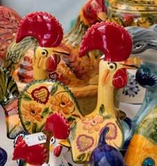 Close-up of traditional Portuguese figurines of Barceló rooster