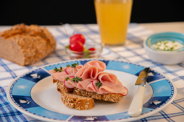 Salami sandwich with cheese spread and organic radish