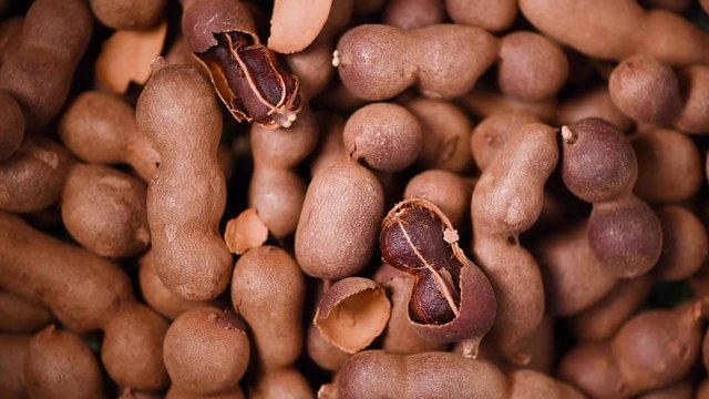 Sweet tamarind on rotating background. Top view. Exotic fruit, tropical palm branch. Vegan and raw food concept