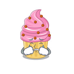 Strawberry cupcake cartoon character concept with a sad face