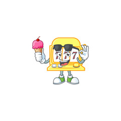 Golden slot machine mascot cartoon style eating an ice cream
