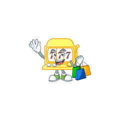 A rich golden slot machine cartoon design waving and holding Shopping bag
