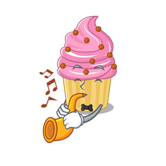 mascot design concept of strawberry cupcake playing a trumpet