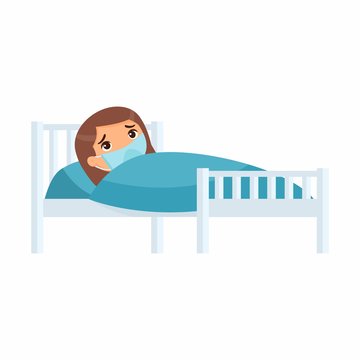 Sick  girl with medical mask in hospital bed flat vector illustration. Child with virus disease  cartoon character.  Kid with cold. Patient relaxing under blanket isolated on white background