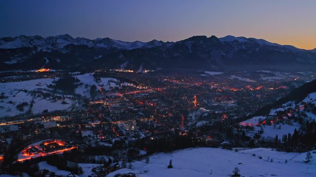Stunning dusk over zakopane in winter, aerial view