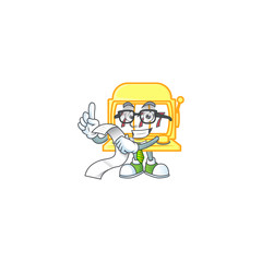 A funny face character of golden slot machine holding a menu