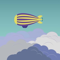 Fototapeta na wymiar Airship over fluffy clouds on a background on the night sky. Vector yellow and violet dirigible balloon and clouds