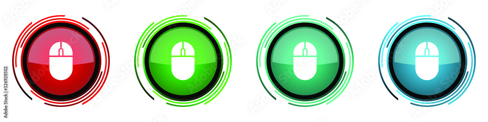 Aufkleber Mouse, computer round glossy vector icons, set of buttons for webdesign, internet and mobile phone applications in four colors options isolated on white background
